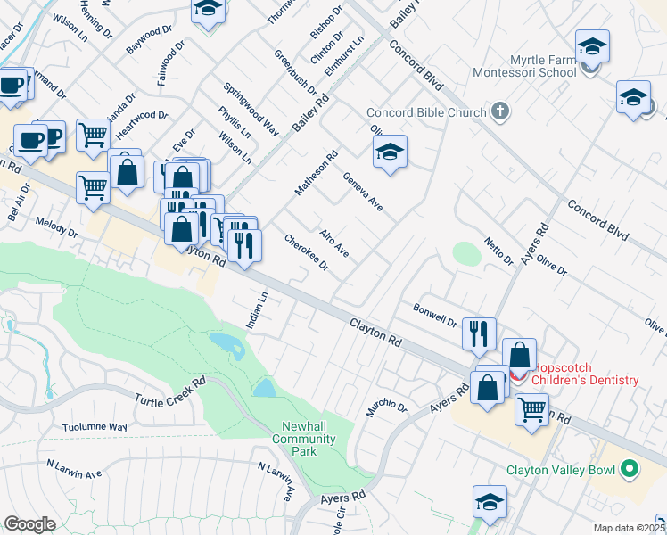 map of restaurants, bars, coffee shops, grocery stores, and more near 4893 Cherokee Drive in Concord