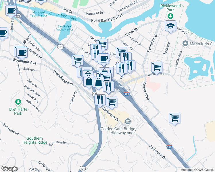 map of restaurants, bars, coffee shops, grocery stores, and more near in San Rafael