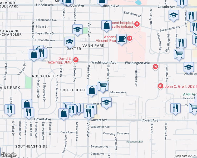 map of restaurants, bars, coffee shops, grocery stores, and more near 1232 Hatfield Drive in Evansville