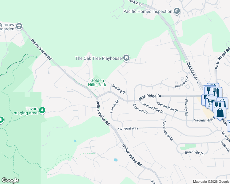 map of restaurants, bars, coffee shops, grocery stores, and more near 648 Blue Ridge Drive in Martinez