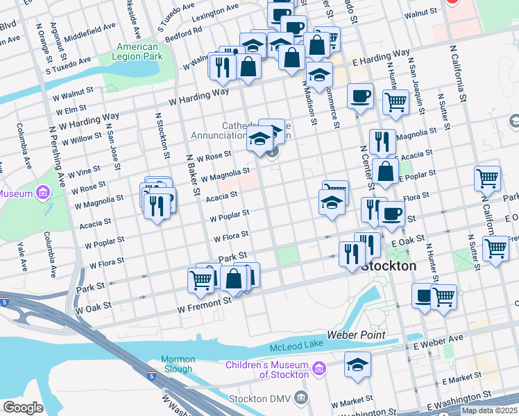 map of restaurants, bars, coffee shops, grocery stores, and more near 509 West Poplar Street in Stockton
