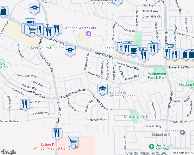 map of restaurants, bars, coffee shops, grocery stores, and more near 5101 Sundance Court in Antioch
