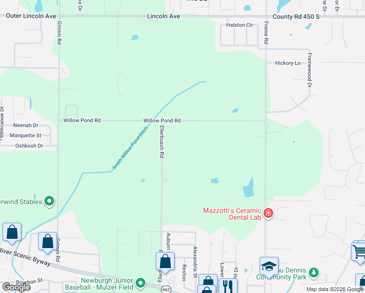 map of restaurants, bars, coffee shops, grocery stores, and more near 5100 Ellerbusch Road in Newburgh