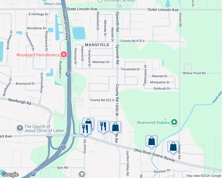 map of restaurants, bars, coffee shops, grocery stores, and more near 10569 Monticello Drive in Newburgh