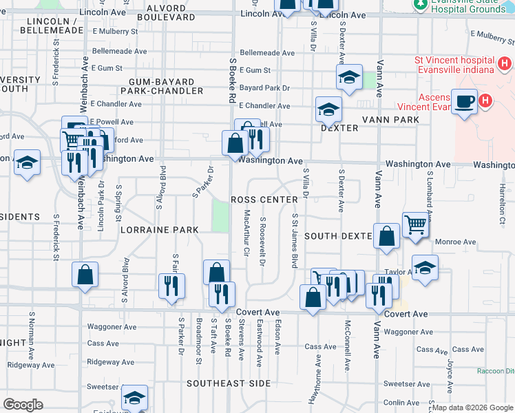 map of restaurants, bars, coffee shops, grocery stores, and more near 2507 Adams Avenue in Evansville