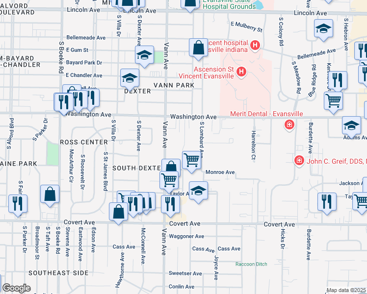 map of restaurants, bars, coffee shops, grocery stores, and more near 1226 Hatfield Drive in Evansville