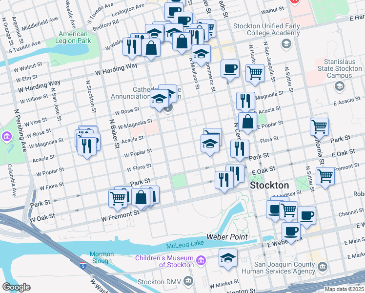 map of restaurants, bars, coffee shops, grocery stores, and more near 344 West Poplar Street in Stockton