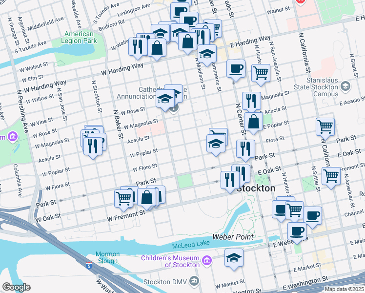 map of restaurants, bars, coffee shops, grocery stores, and more near 849 North Van Buren Street in Stockton