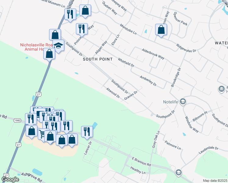 map of restaurants, bars, coffee shops, grocery stores, and more near 369 Atwood Drive in Lexington