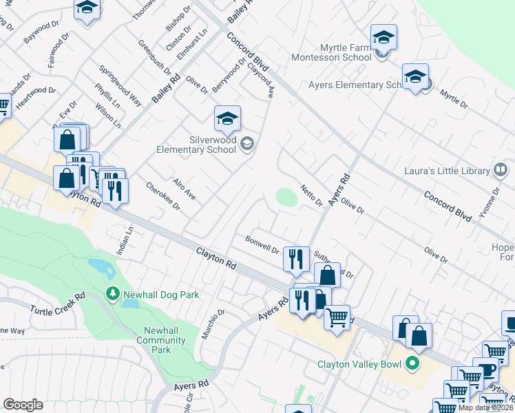 map of restaurants, bars, coffee shops, grocery stores, and more near 1578 Heather Drive in Concord