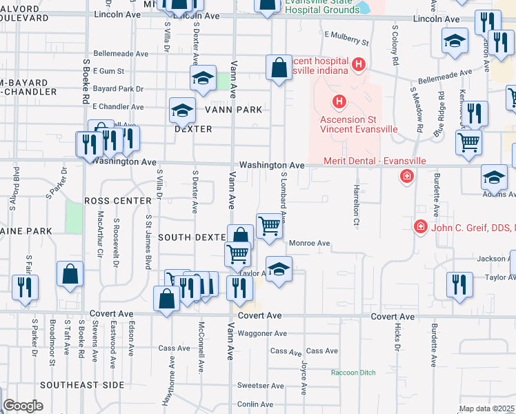 map of restaurants, bars, coffee shops, grocery stores, and more near 1227 Hatfield Drive in Evansville