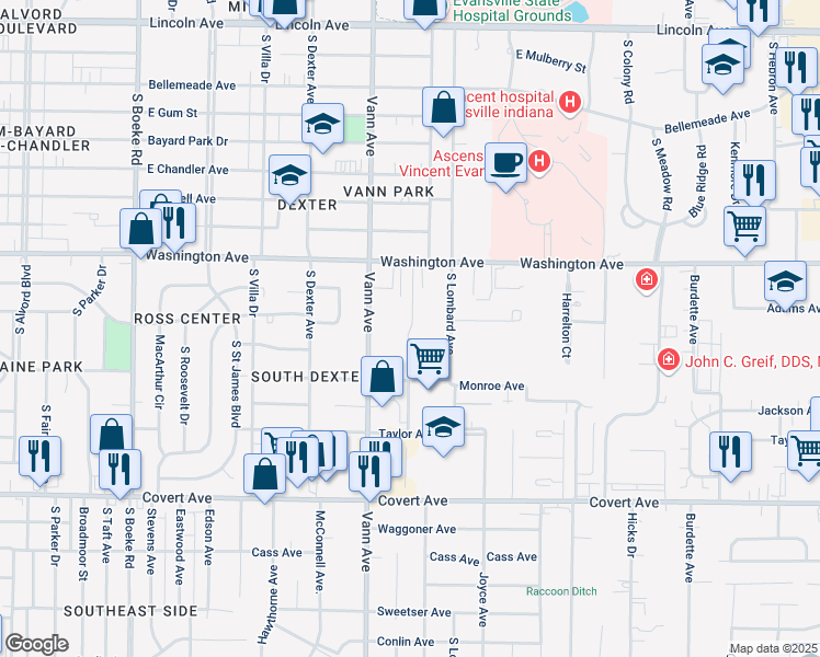 map of restaurants, bars, coffee shops, grocery stores, and more near 1010 Hatfield Drive in Evansville