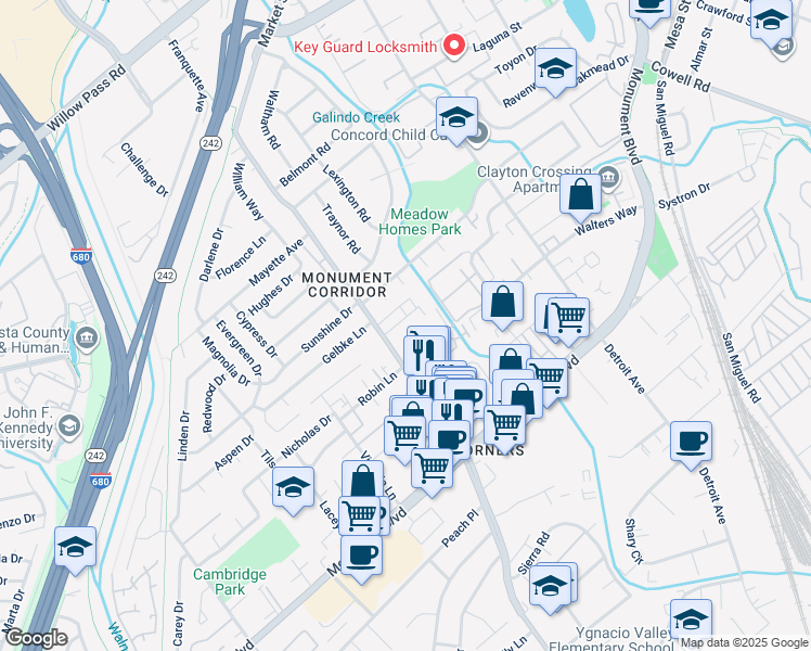 map of restaurants, bars, coffee shops, grocery stores, and more near 2020 Riley Court in Concord