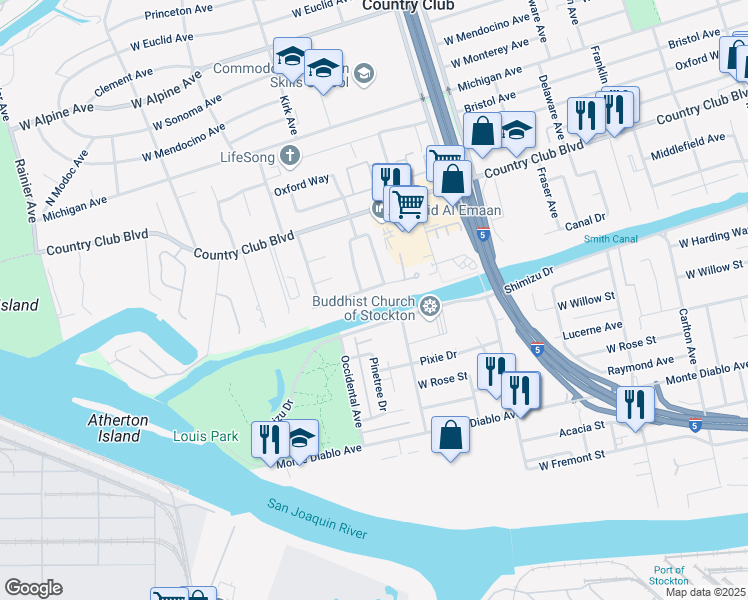 map of restaurants, bars, coffee shops, grocery stores, and more near 2920 Canal Drive in Stockton