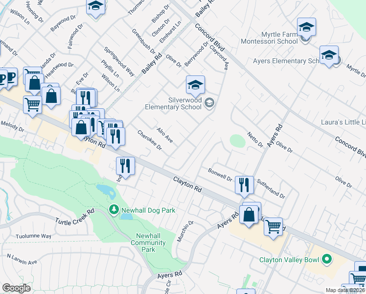 map of restaurants, bars, coffee shops, grocery stores, and more near 1548 Claycord Avenue in Concord