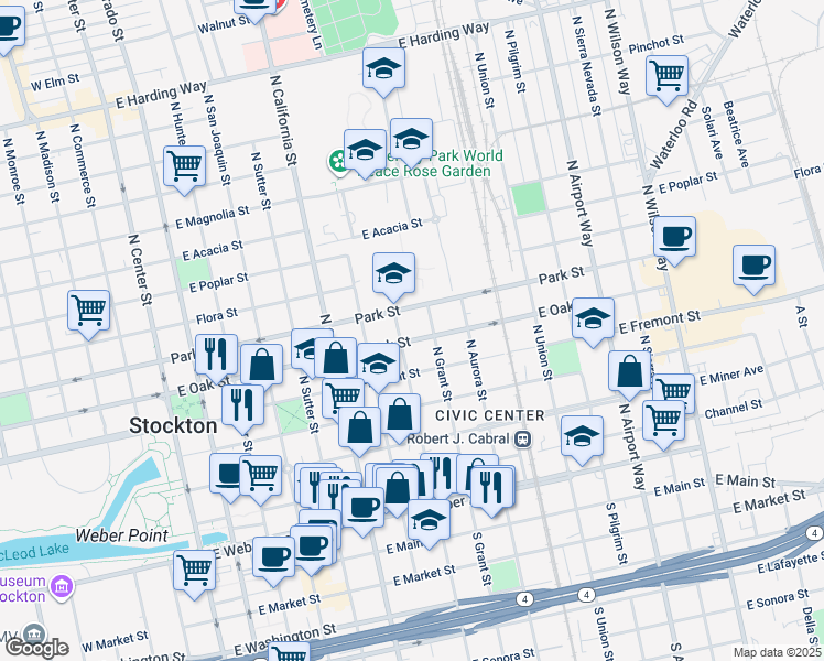 map of restaurants, bars, coffee shops, grocery stores, and more near 613 North Grant Street in Stockton
