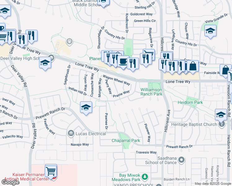 map of restaurants, bars, coffee shops, grocery stores, and more near 5032 Longbranch Way in Antioch