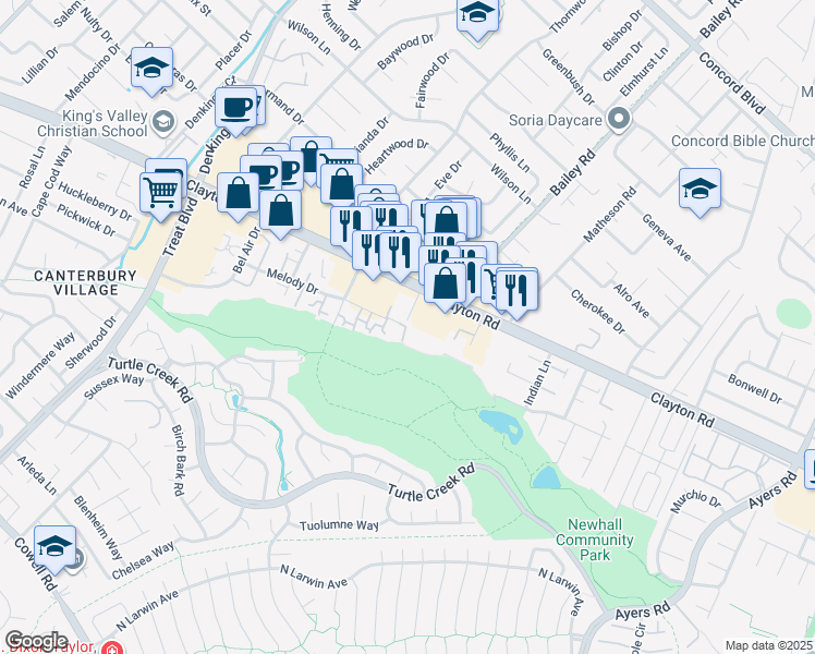map of restaurants, bars, coffee shops, grocery stores, and more near 4672 Melody Drive in Concord