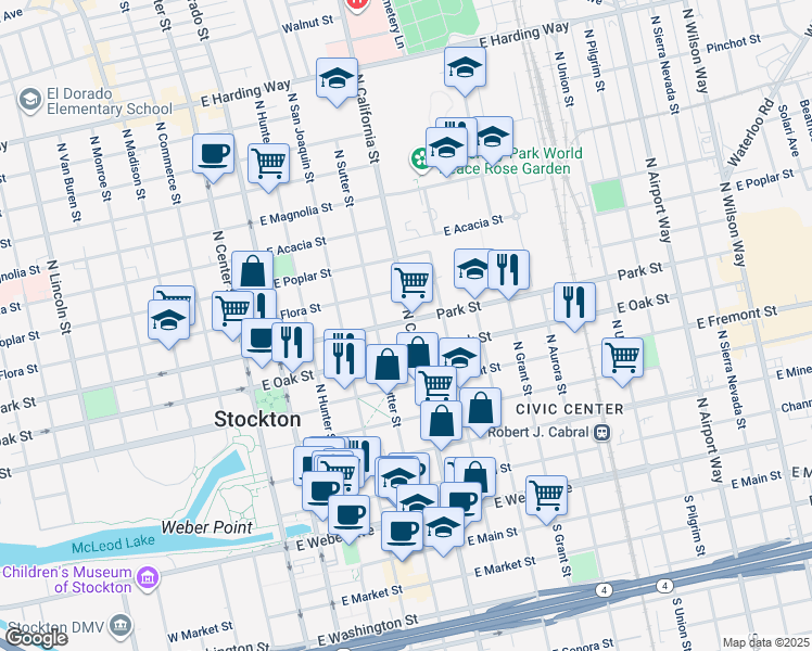 map of restaurants, bars, coffee shops, grocery stores, and more near 425 East Park Street in Stockton