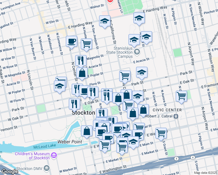 map of restaurants, bars, coffee shops, grocery stores, and more near 327 East Park Street in Stockton