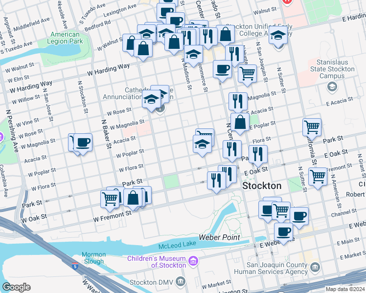 map of restaurants, bars, coffee shops, grocery stores, and more near 310 West Poplar Street in Stockton