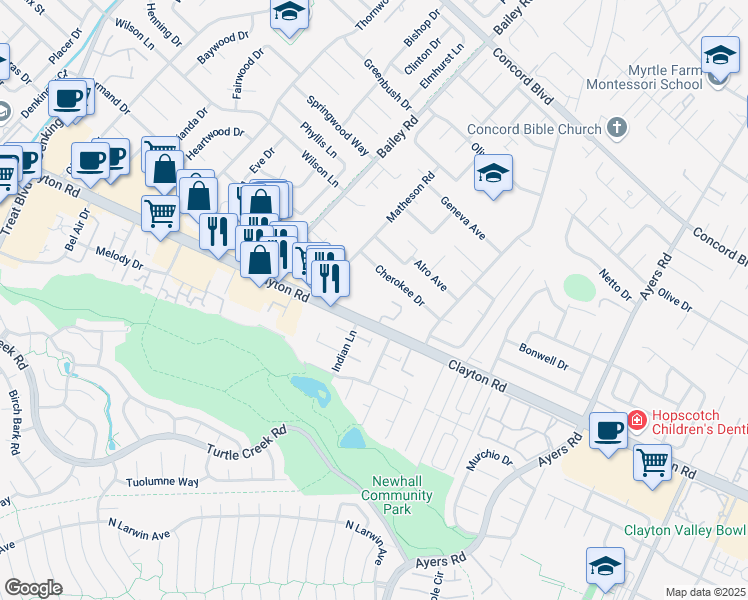map of restaurants, bars, coffee shops, grocery stores, and more near 4807 Clayton Road in Concord