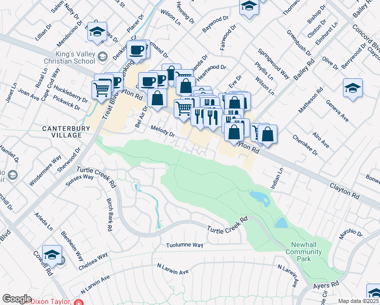 map of restaurants, bars, coffee shops, grocery stores, and more near 4640 Melody Drive in Concord