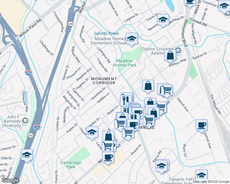map of restaurants, bars, coffee shops, grocery stores, and more near 2020 Riley Court in Concord