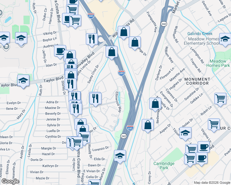 map of restaurants, bars, coffee shops, grocery stores, and more near 303 Ellinwood Way in Pleasant Hill