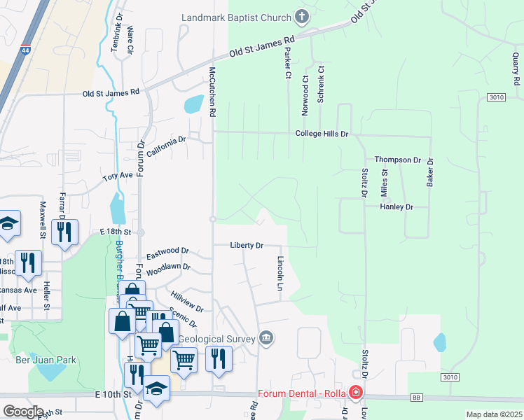 map of restaurants, bars, coffee shops, grocery stores, and more near 1507 Liberty Drive in Rolla