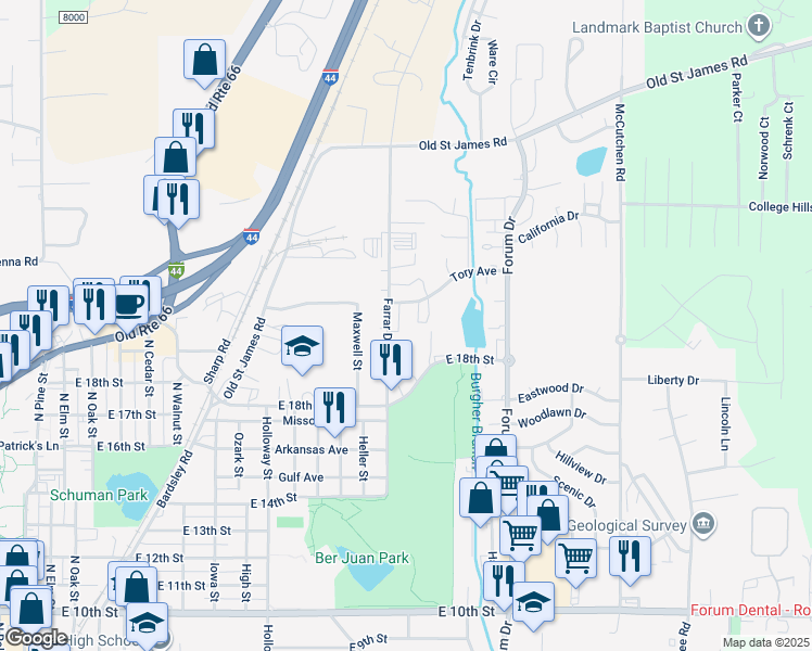 map of restaurants, bars, coffee shops, grocery stores, and more near 1883 Liam Court in Rolla