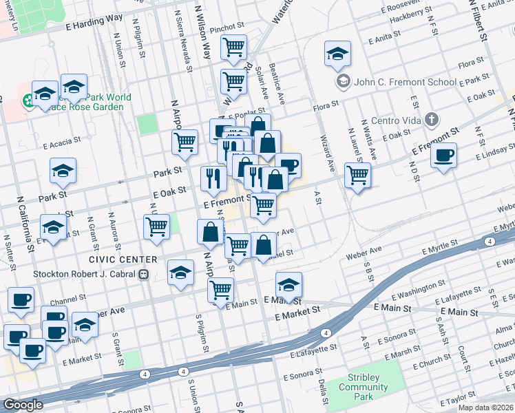 map of restaurants, bars, coffee shops, grocery stores, and more near 1528 East Fremont Street in Stockton