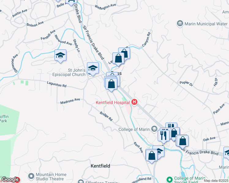 map of restaurants, bars, coffee shops, grocery stores, and more near 23 Poplar Avenue in Ross