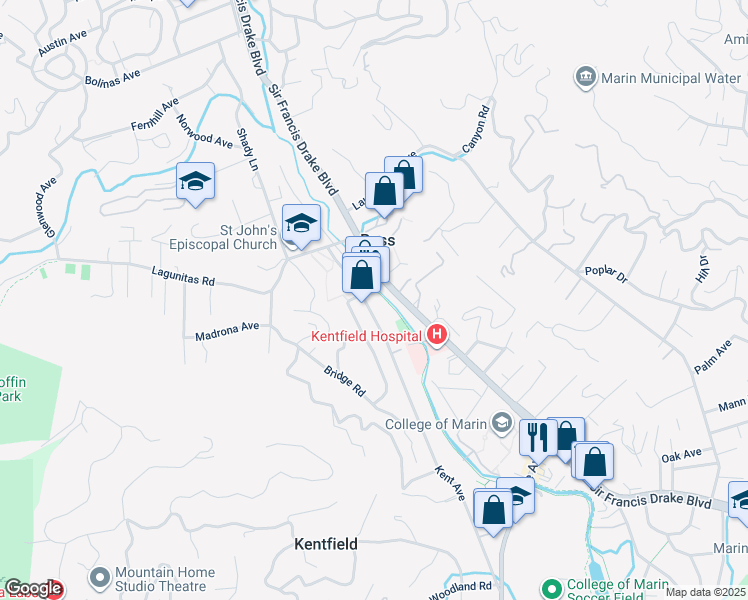 map of restaurants, bars, coffee shops, grocery stores, and more near 23 Ross Common in Ross