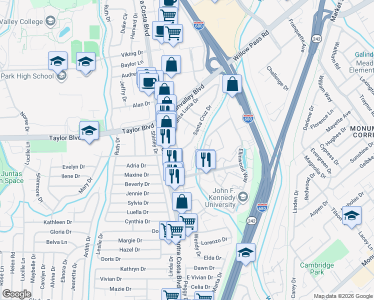 map of restaurants, bars, coffee shops, grocery stores, and more near 1045 Santa Cruz Drive in Pleasant Hill