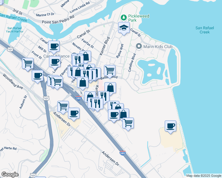 map of restaurants, bars, coffee shops, grocery stores, and more near 3250 Kerner Boulevard in San Rafael