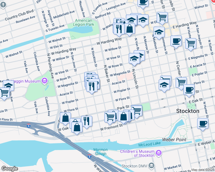 map of restaurants, bars, coffee shops, grocery stores, and more near 802 Acacia Street in Stockton