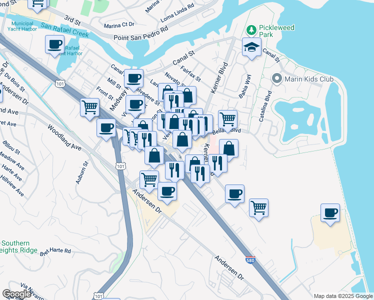 map of restaurants, bars, coffee shops, grocery stores, and more near 47 Castro Avenue in San Rafael