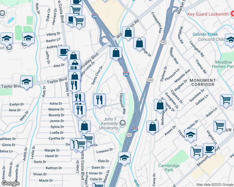 map of restaurants, bars, coffee shops, grocery stores, and more near 322 Rock Creek Way in Pleasant Hill