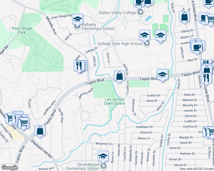 map of restaurants, bars, coffee shops, grocery stores, and more near 543 Tananger Heights Lane in Pleasant Hill