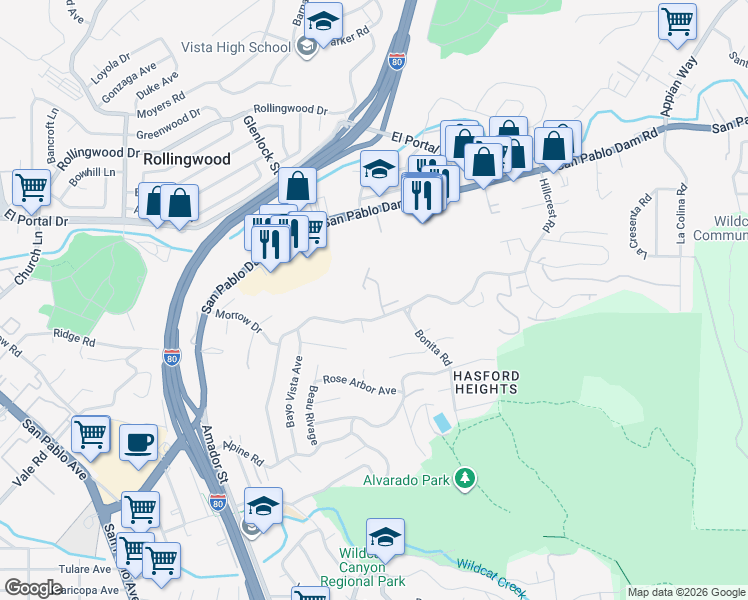 map of restaurants, bars, coffee shops, grocery stores, and more near 19 Parkview Terrace in San Pablo