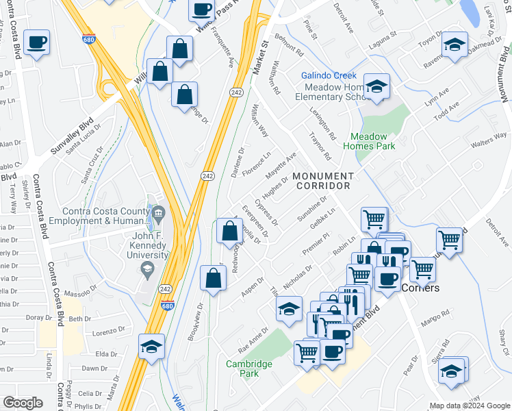 map of restaurants, bars, coffee shops, grocery stores, and more near 1351 Cypress Drive in Concord