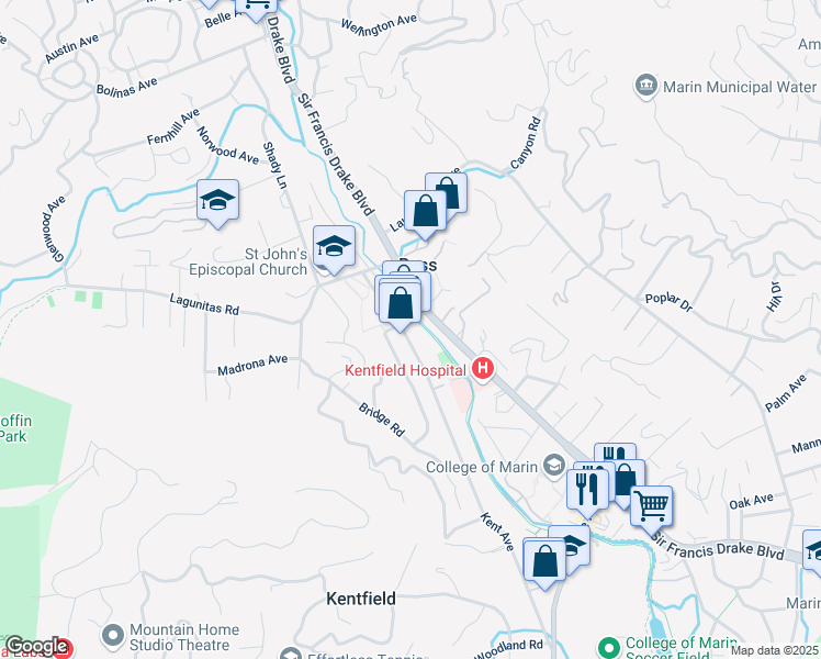map of restaurants, bars, coffee shops, grocery stores, and more near 23 Poplar Avenue in Ross