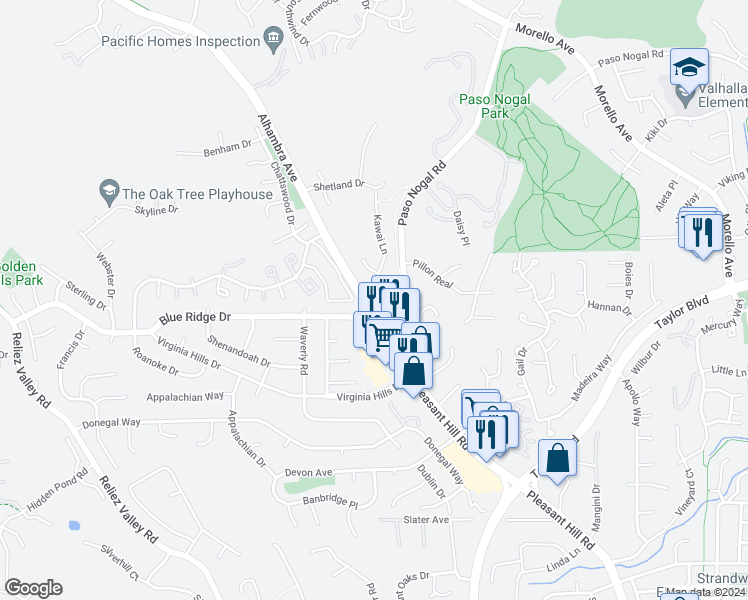 map of restaurants, bars, coffee shops, grocery stores, and more near 2805 Rockridge Drive in Pleasant Hill