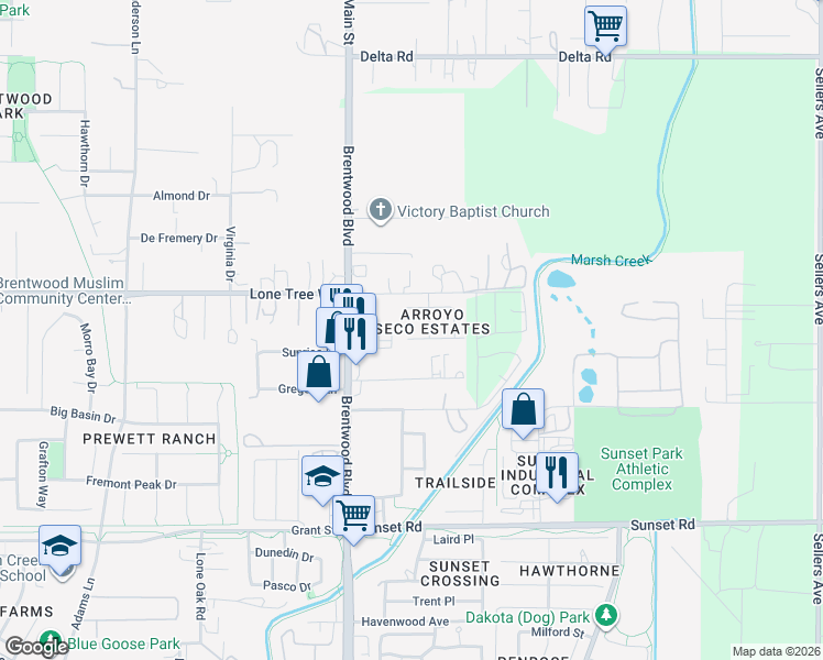 map of restaurants, bars, coffee shops, grocery stores, and more near 181 Pajarito Court in Brentwood