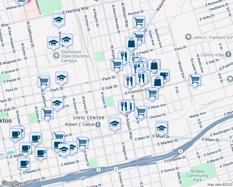 map of restaurants, bars, coffee shops, grocery stores, and more near 1221 East Fremont Street in Stockton