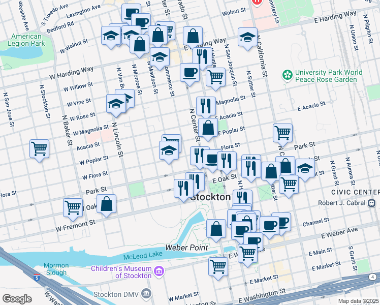 map of restaurants, bars, coffee shops, grocery stores, and more near 55 West Flora Street in Stockton