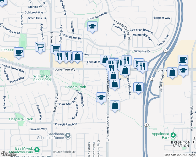 map of restaurants, bars, coffee shops, grocery stores, and more near 5100 Vista Grande Drive in Antioch
