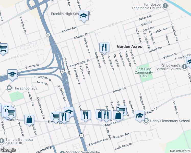 map of restaurants, bars, coffee shops, grocery stores, and more near 357 Adelbert Avenue in Stockton