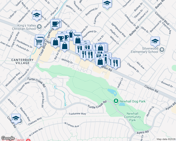 map of restaurants, bars, coffee shops, grocery stores, and more near 1461 Lark Lane in Concord